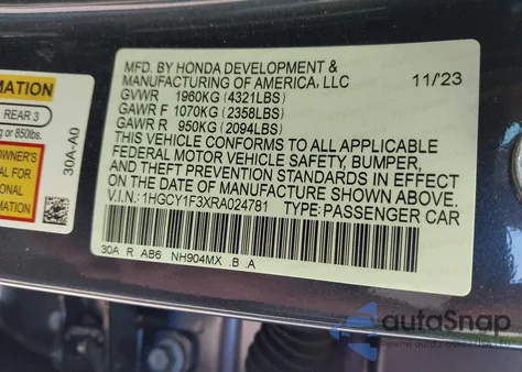 2024 Honda Accord Ex z USA, uszkodzony, nr VIN 1HGCY1F3XRA024781